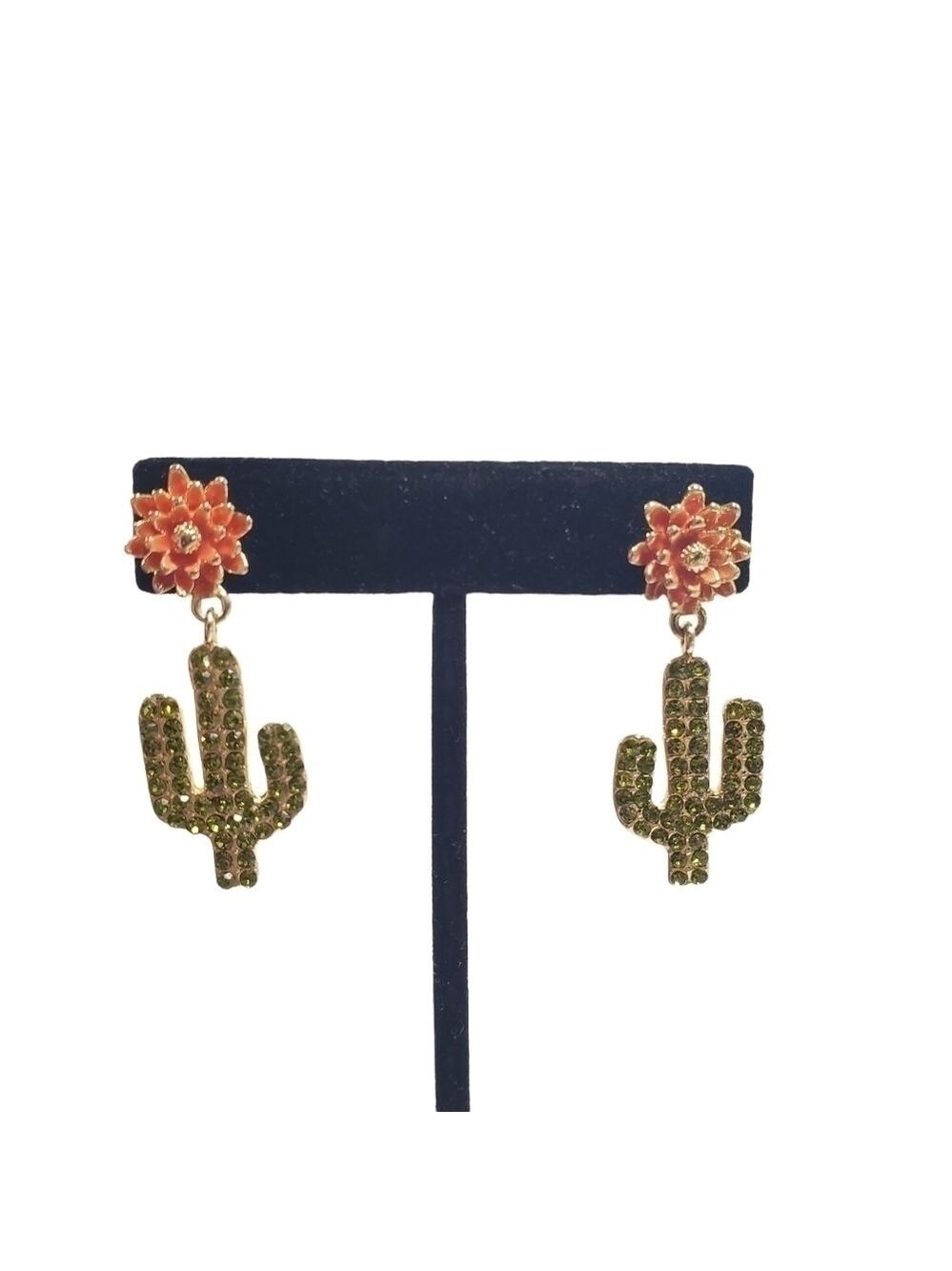 Flower Cactus gold tone Rhinestone dangle pierced earrings